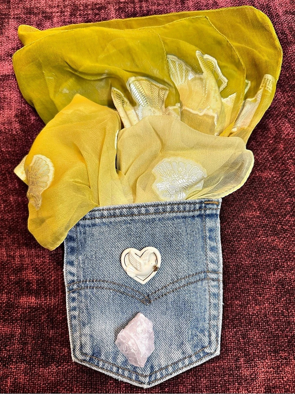 Pocketful of Peace Lenox Dove and Vintage Oriental Scarf in Yellow and Green